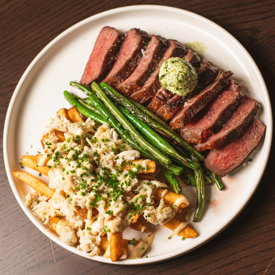 Sliced grilled steak with herb butter, green beans, and crab-topped fries drizzled with creamy sauce on a white plate.