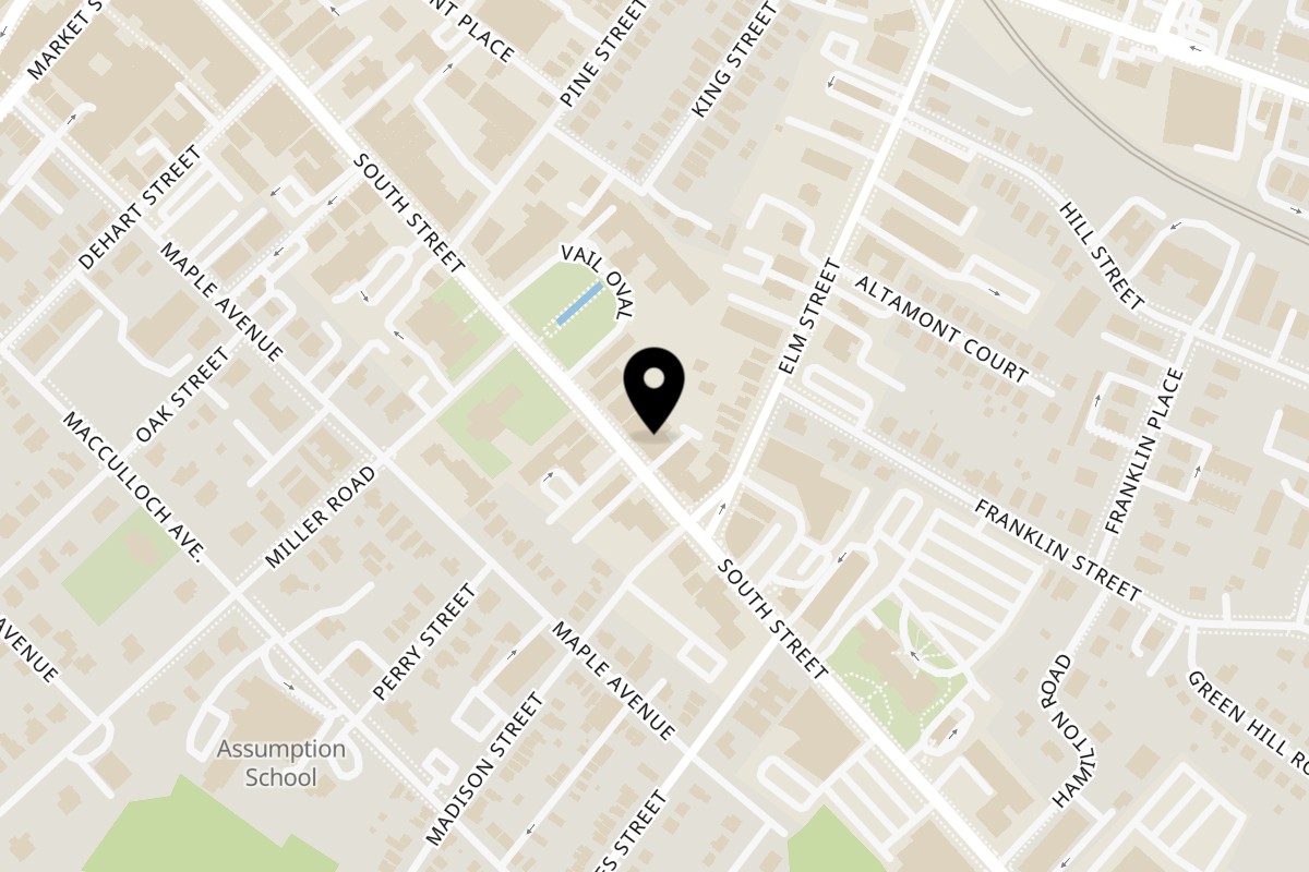 Map showing the location of Stirling Tavern on 150 South St in Morristown